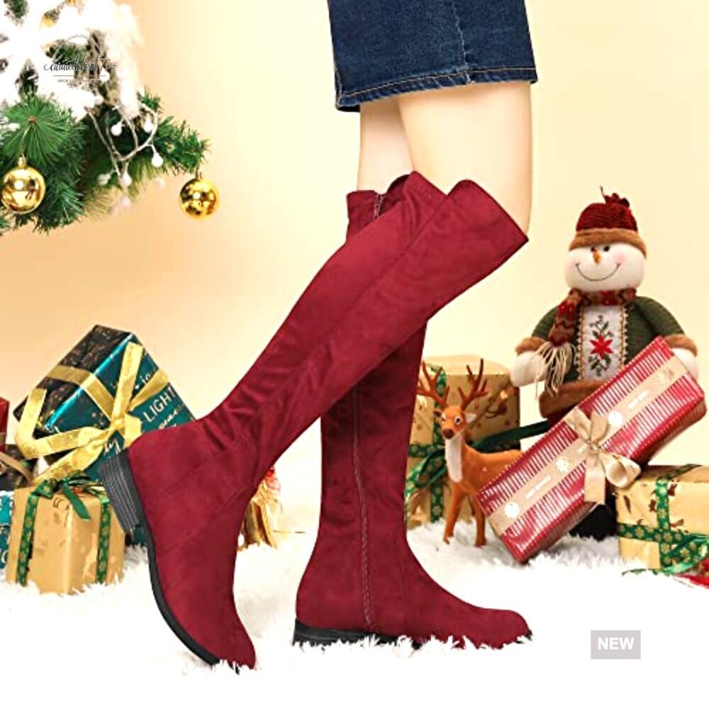 Faux Suede Knee High Boots Chunky Heel Side Zipper Retro Y2K Chic - Picture 2 of 7